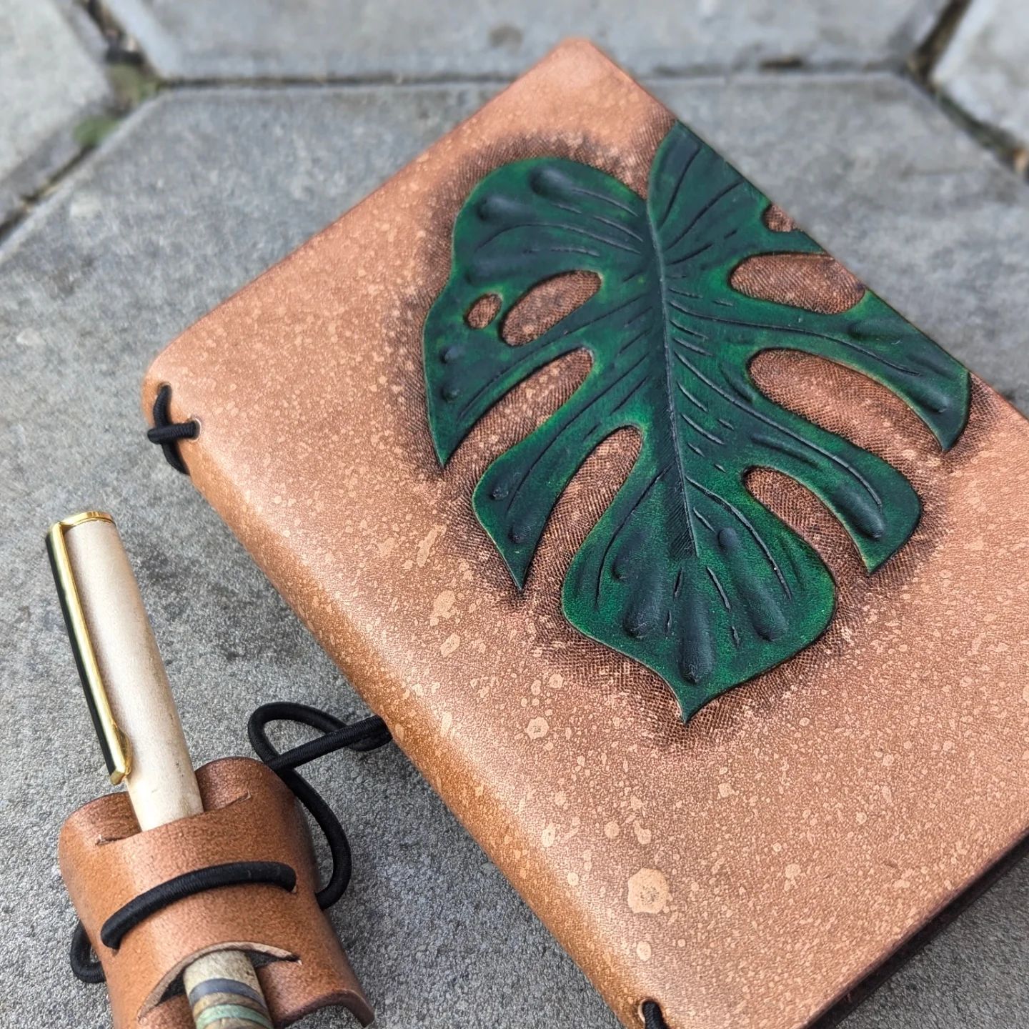 POCKET Traveller's Refillable Notebook | Tooled Painted Monstera Leaf