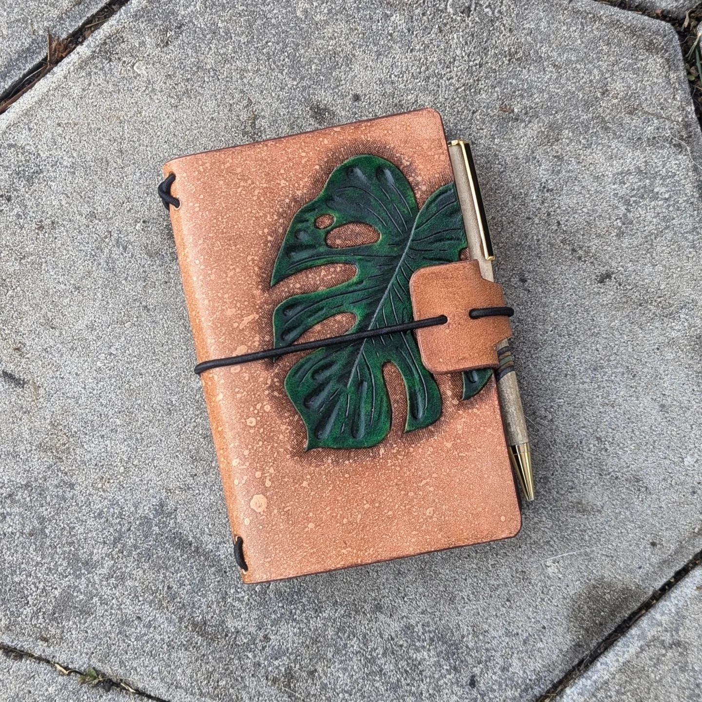 POCKET Traveller's Refillable Notebook | Tooled Painted Monstera Leaf