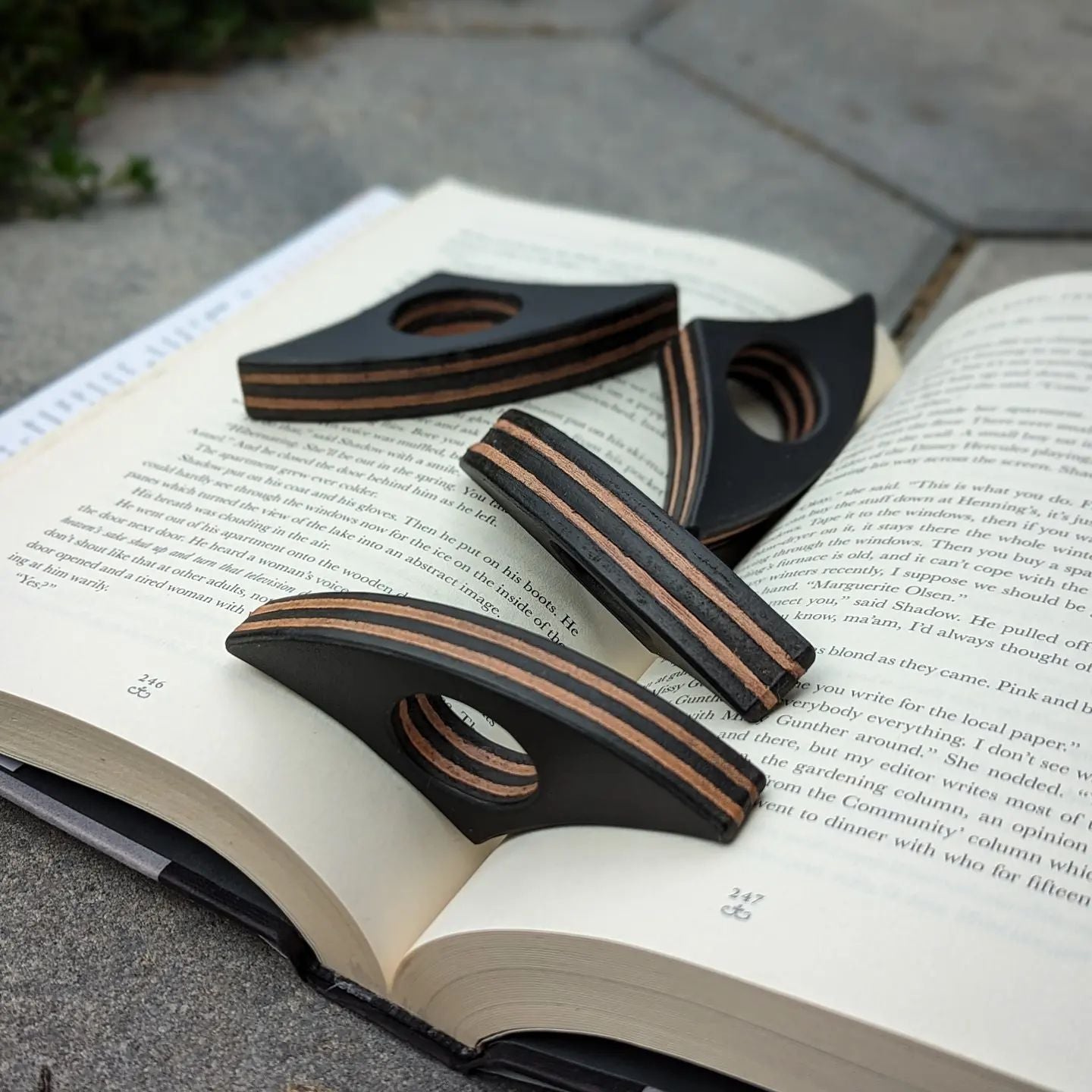 Stacked Leather Book Page Holder | Coal Black + Natural