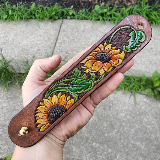 Wrist Cuff | Tooled + Painted Sunflower #1