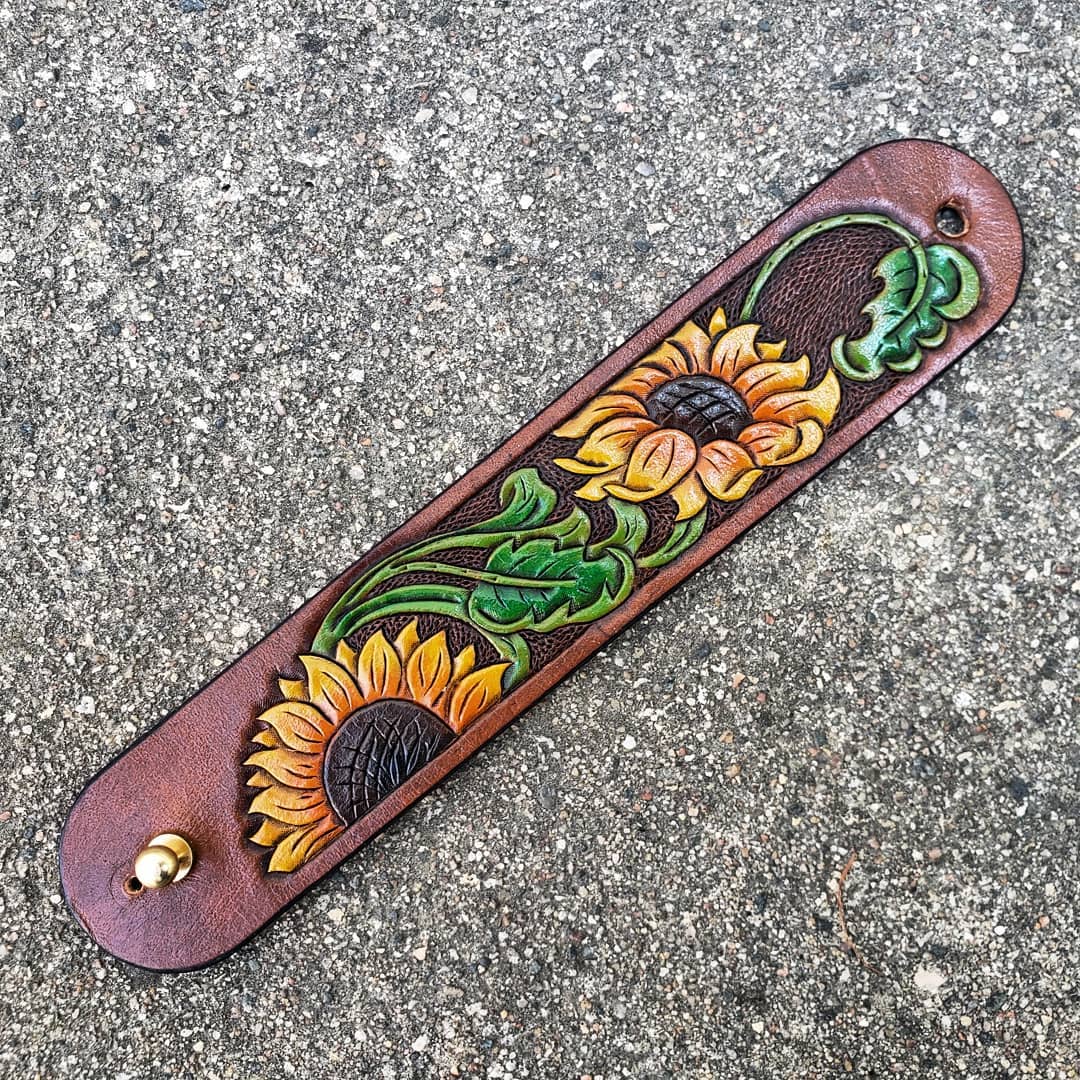 Wrist Cuff | Tooled + Painted Sunflower #1