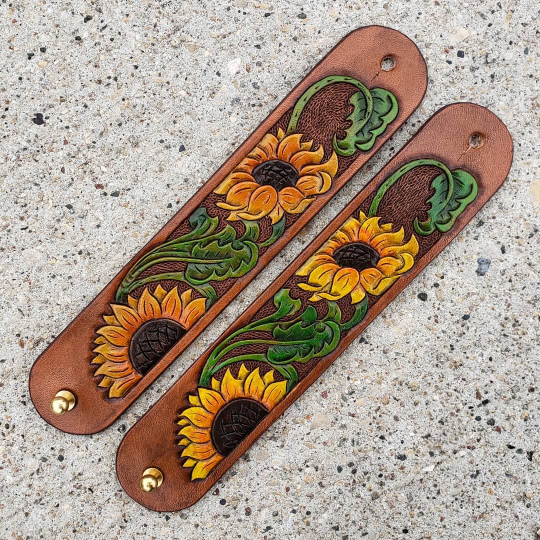 Wrist Cuffs | Tooled + Painted Sunflowers #2, #3