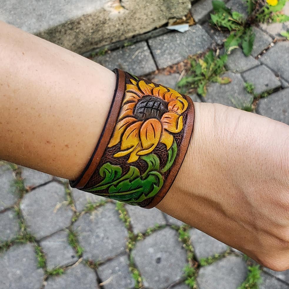 Wrist Cuff | Tooled + Painted Sunflower #1