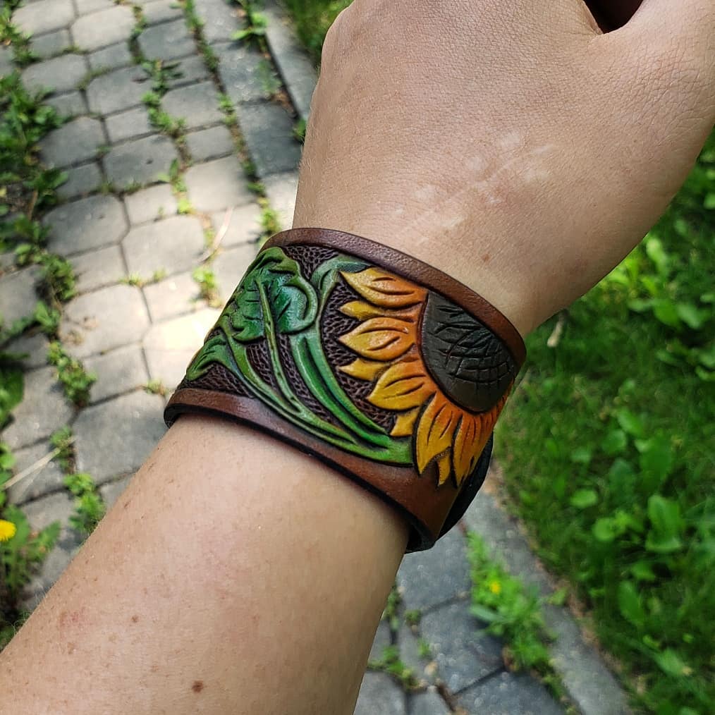 Wrist Cuff | Tooled + Painted Sunflower #1