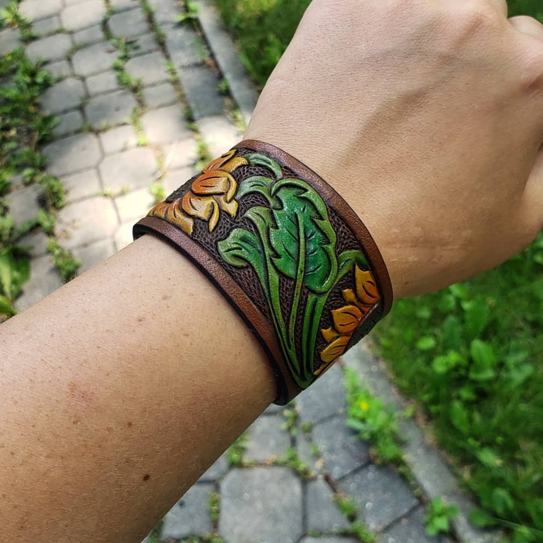 Wrist Cuff | Tooled + Painted Sunflower #1