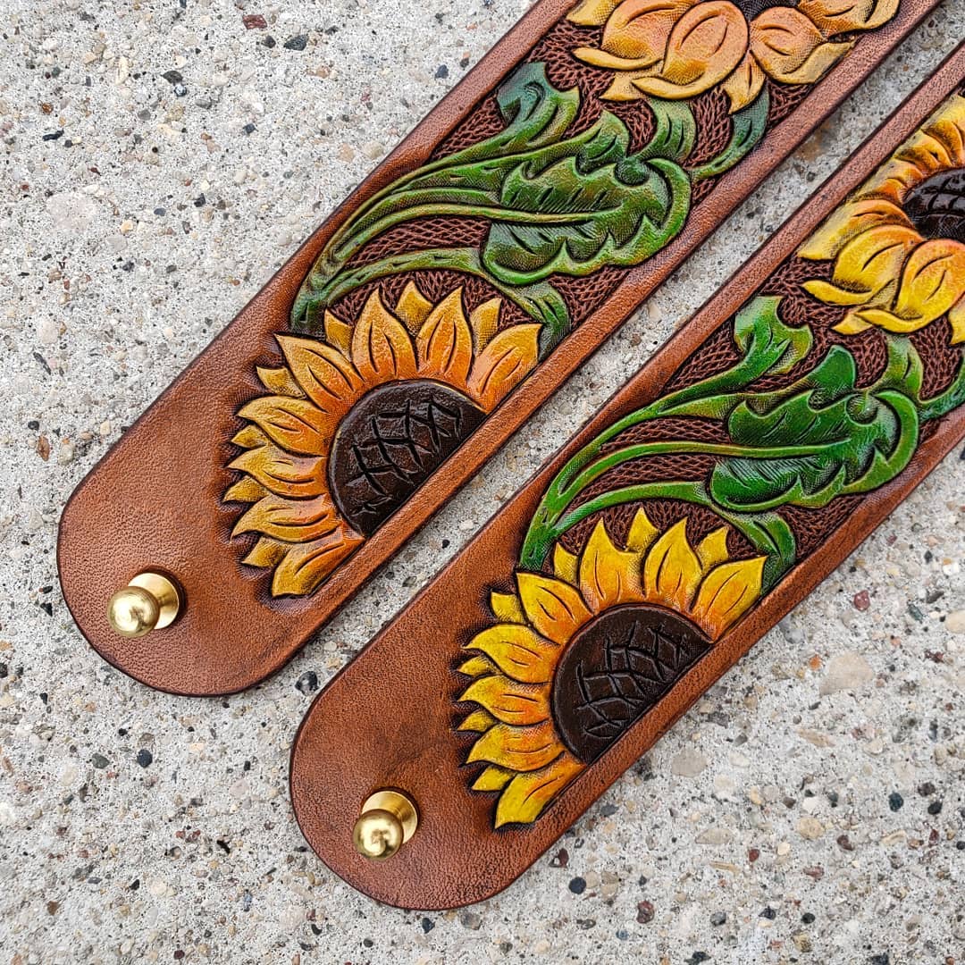 Tooled Sunflower Wrist Cuffs | Painted