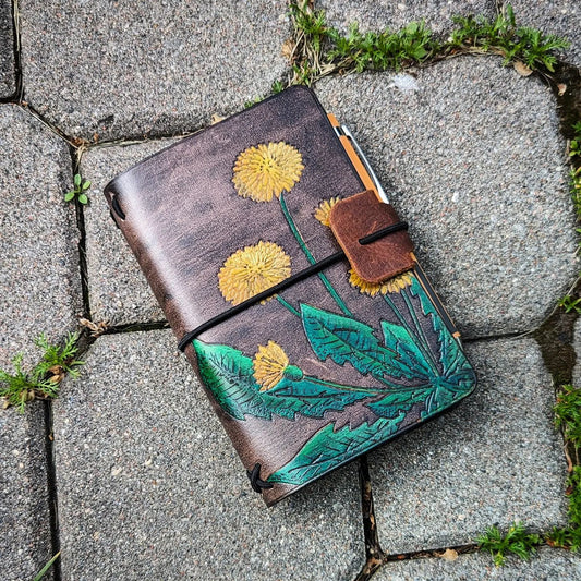 Pocket Size Traveller's Refillable Notebook | Pyrography Dandelions