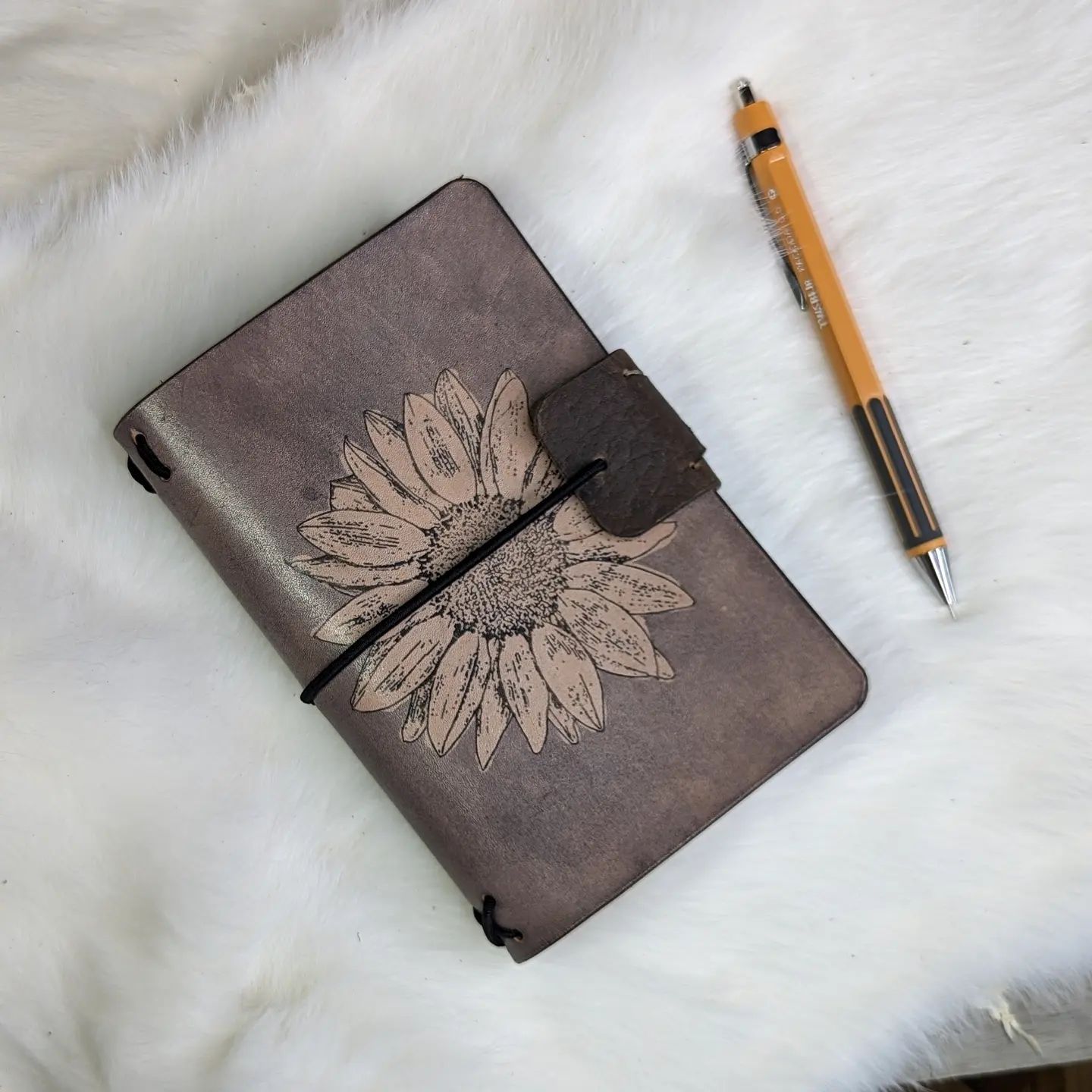 Pocket Size Traveller's Refillable Notebook | Ink-Stamped Sunflower