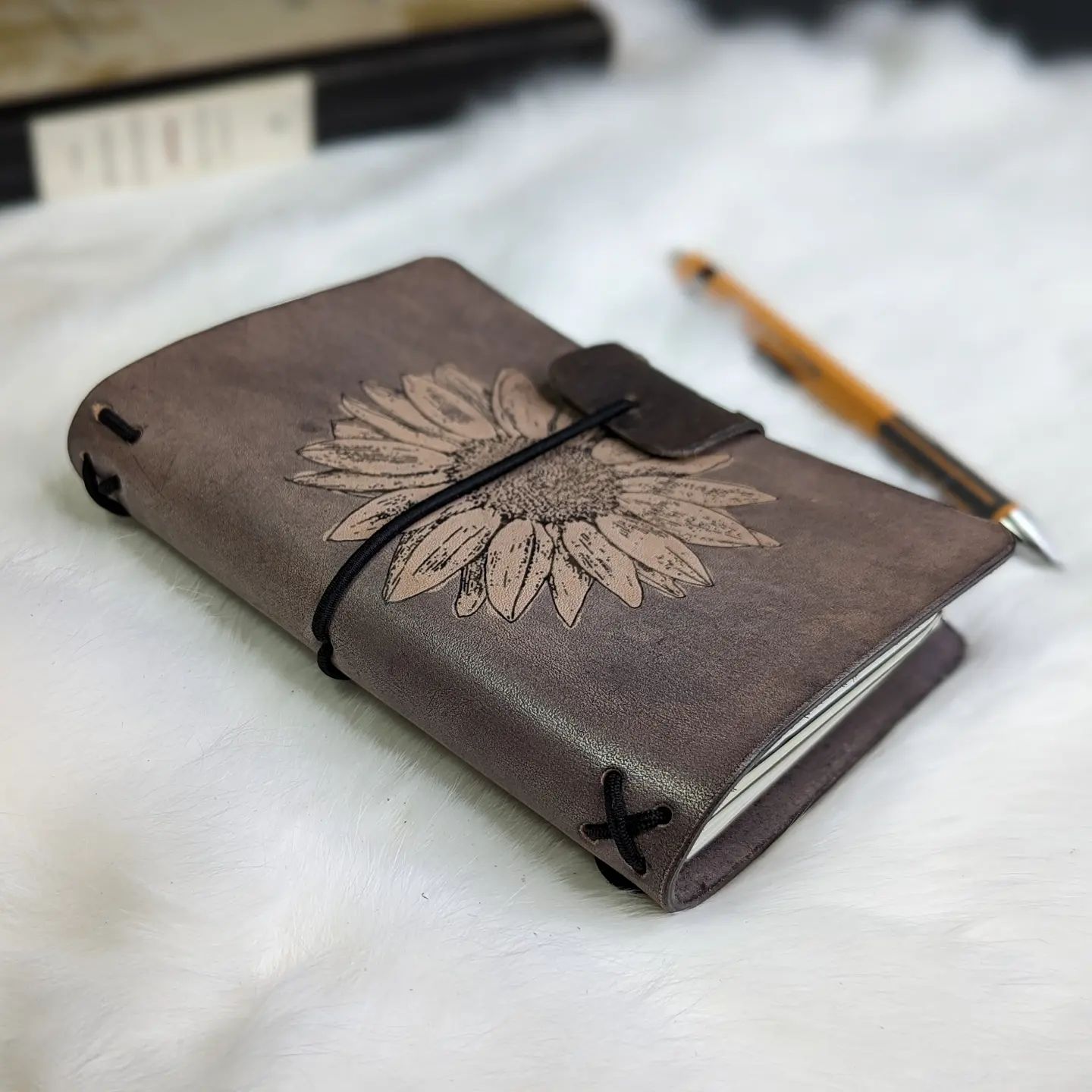 Pocket Size Traveller's Refillable Notebook | Ink-Stamped Sunflower