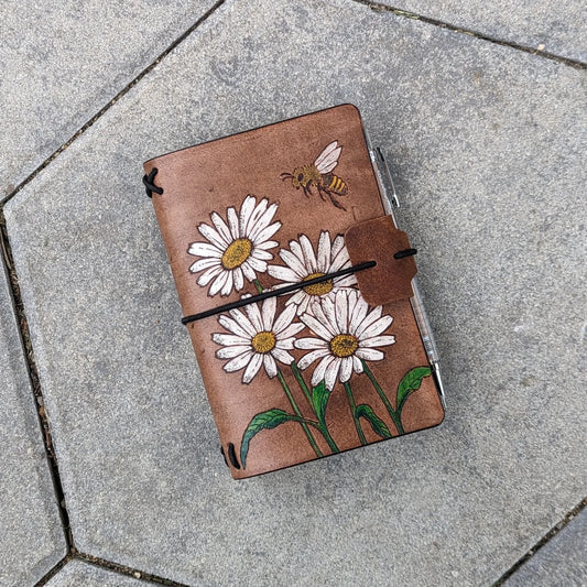 Pocket Size Traveller's Refillable Notebook | Pyrography Daisies
