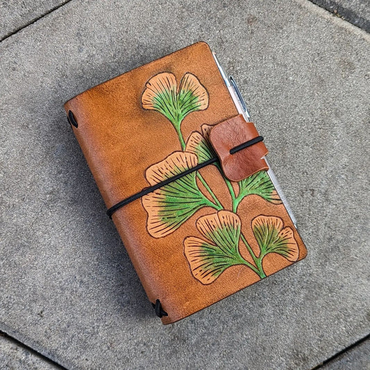 Pocket Size Traveller's Refillable Notebook | Pyrography Gingko Leaves