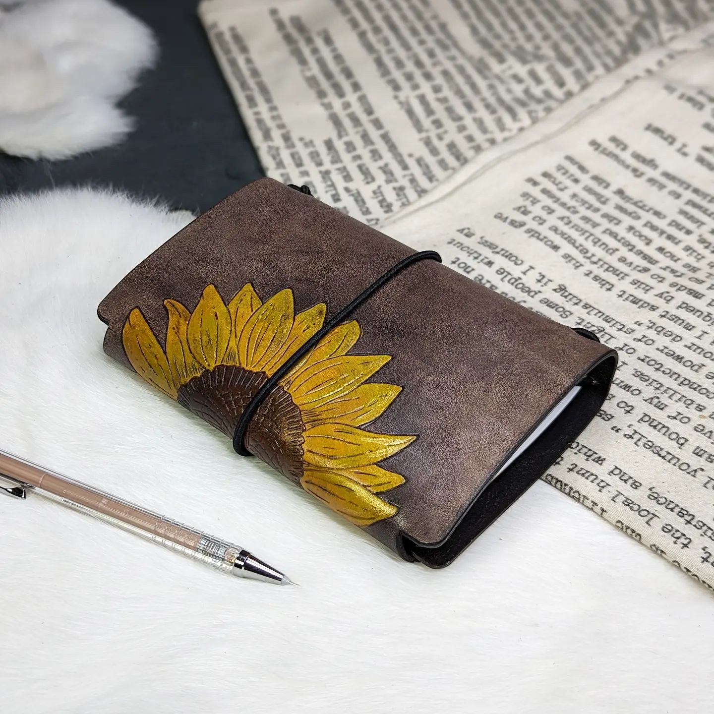 Pocket Size Traveller's Refillable Notebook | Pyrography Sunflower Wrap Around