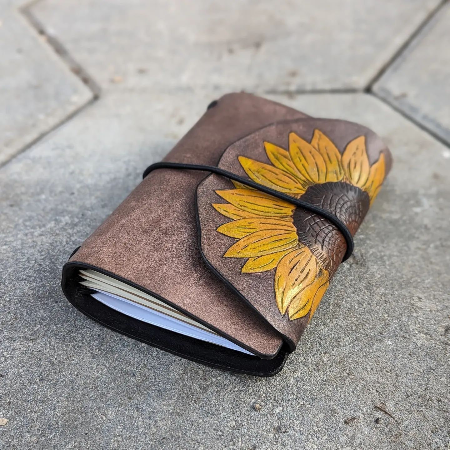 Field-Size Fauxdori Refillable Notebook | Pyrography Sunflower Wrap Around