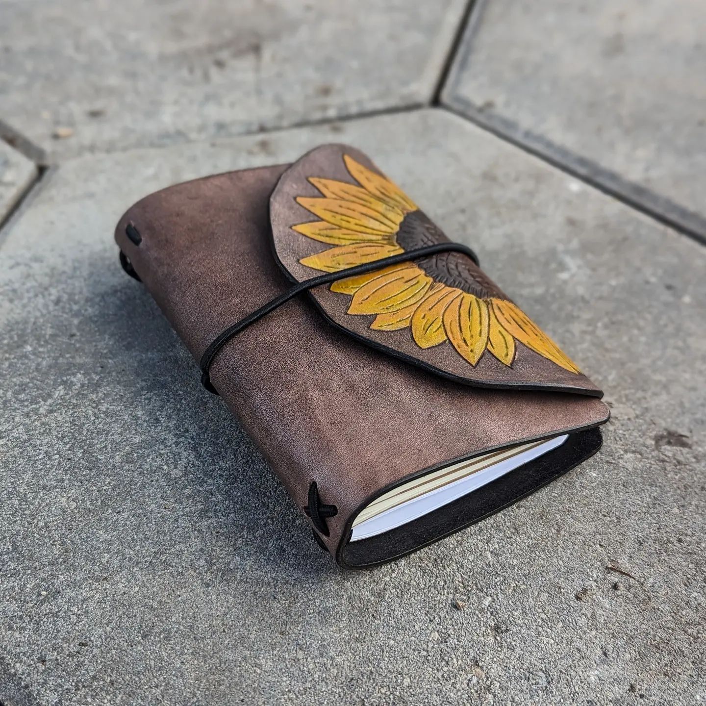 Pocket Size Traveller's Refillable Notebook | Pyrography Sunflower Wrap Around