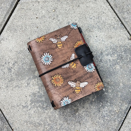 Passport Size Traveller's Refillable Notebook | Pyrography Bees + Flowers