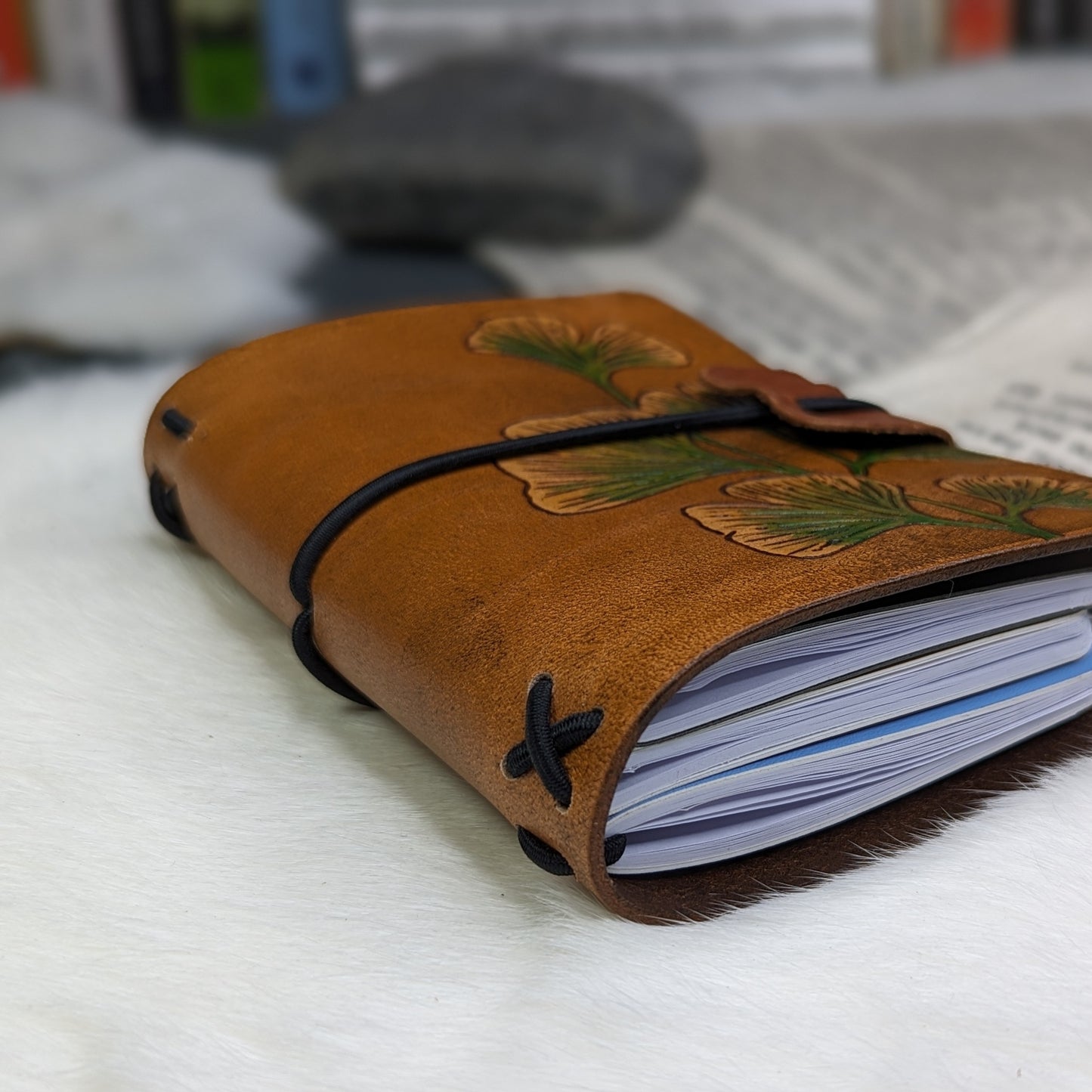 Passport-Size Fauxdori Refillable Notebook | Pyrography Gingko Leaves