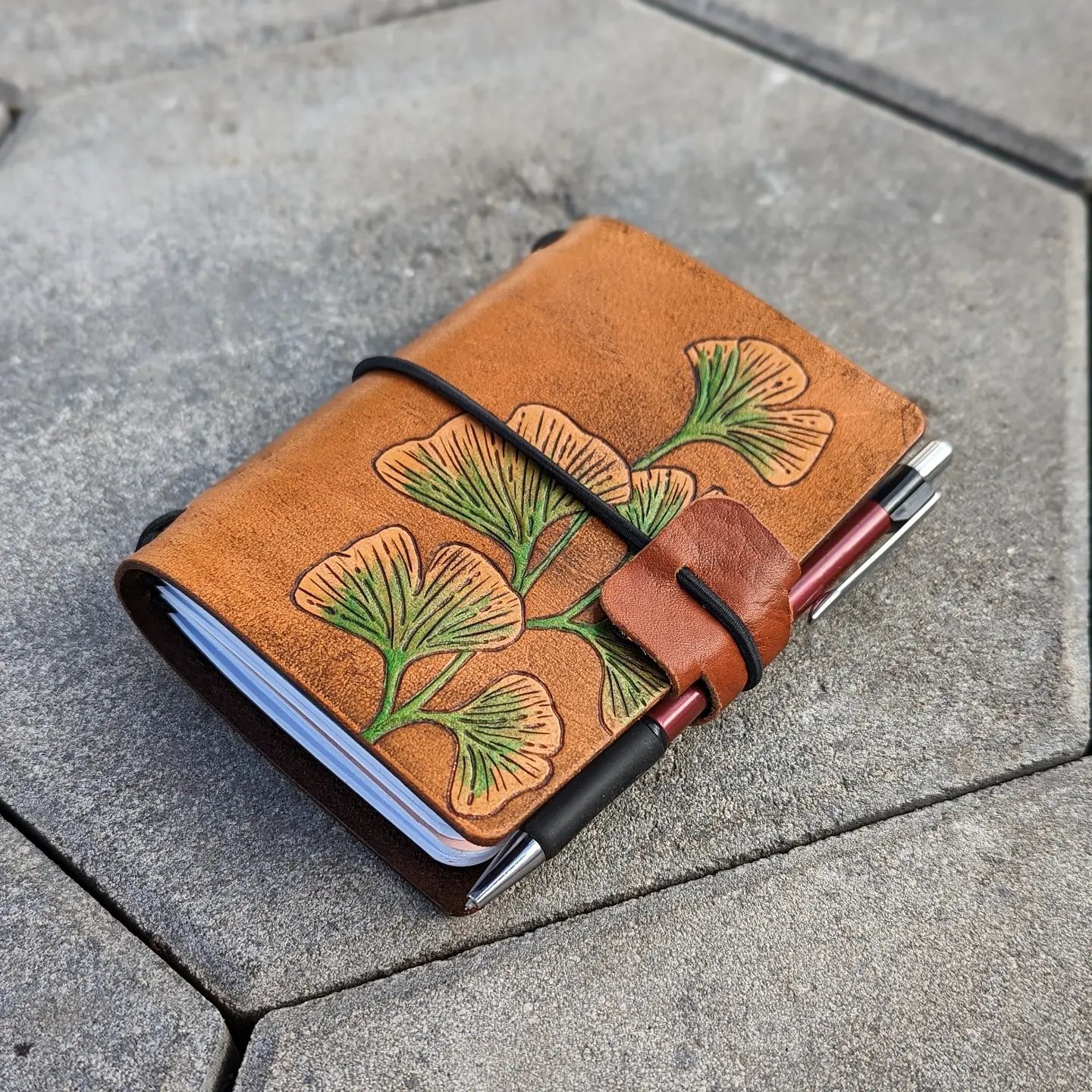 Passport Size Traveller's Refillable Notebook | Pyrography Gingko Leaves