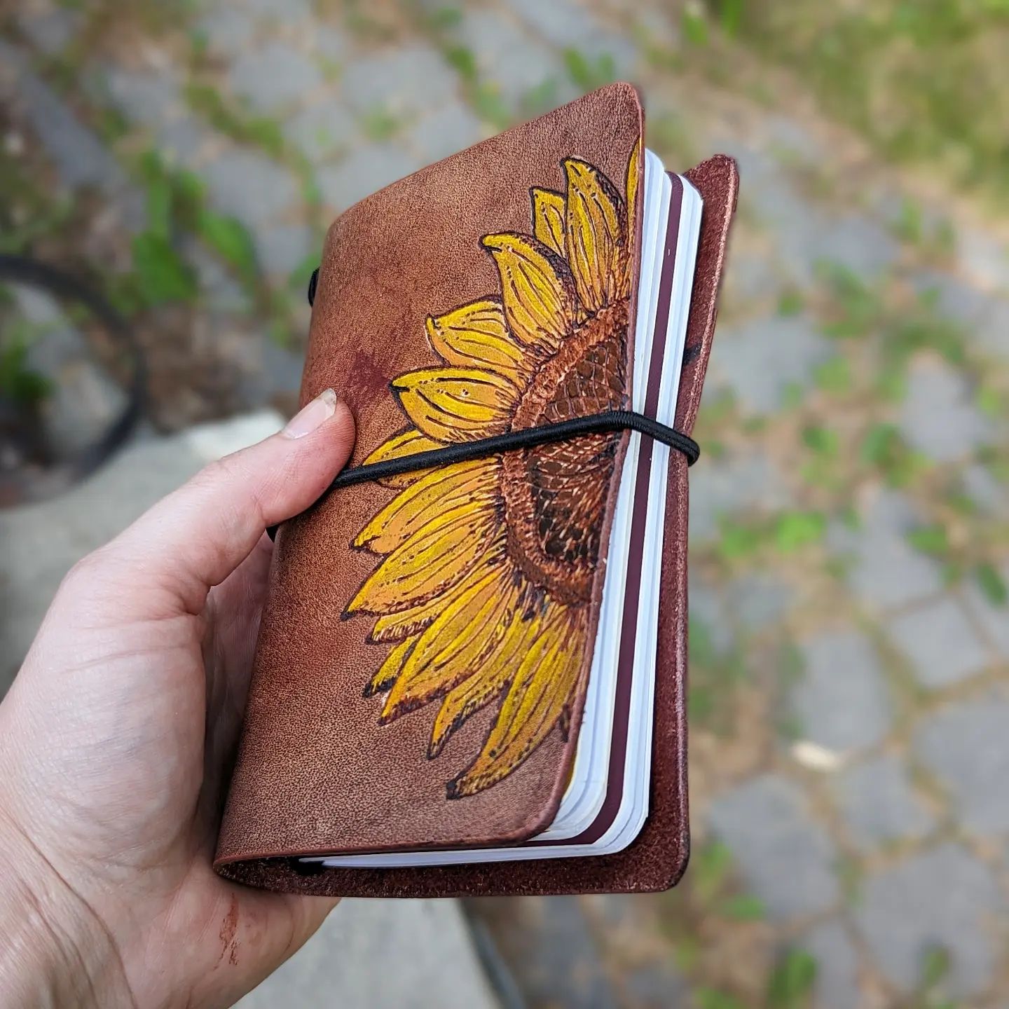 Passport Size Traveller's Refillable Notebook | Pyrography Sunflower