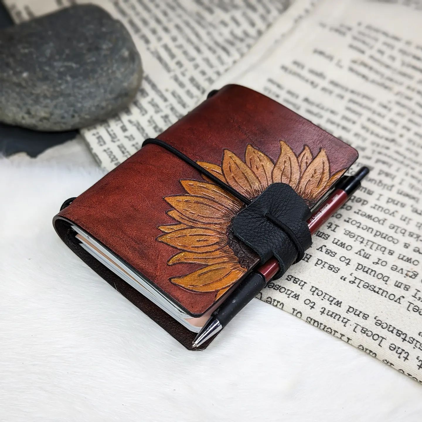 Passport Size Traveller's Refillable Notebook | Pyrography Sunflower