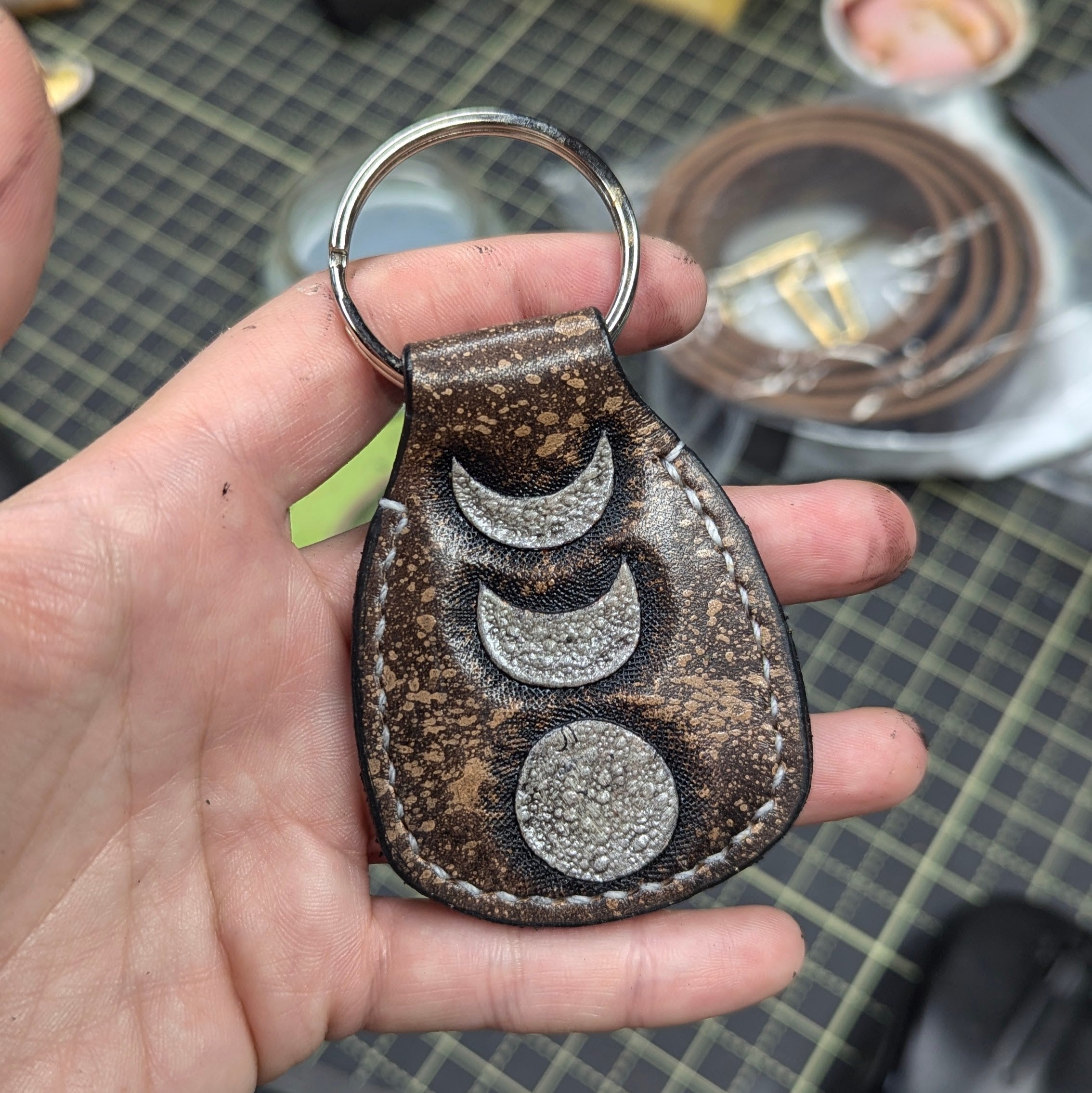 Key Fob | Tooled Moon Phases, Custom Monogram for C.V.