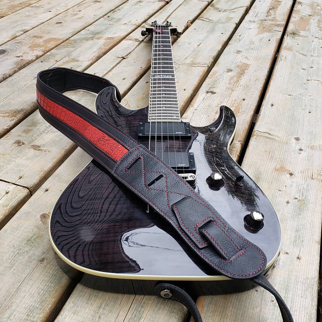 Guitar Strap | Black with Red Faux Alligator Inlay