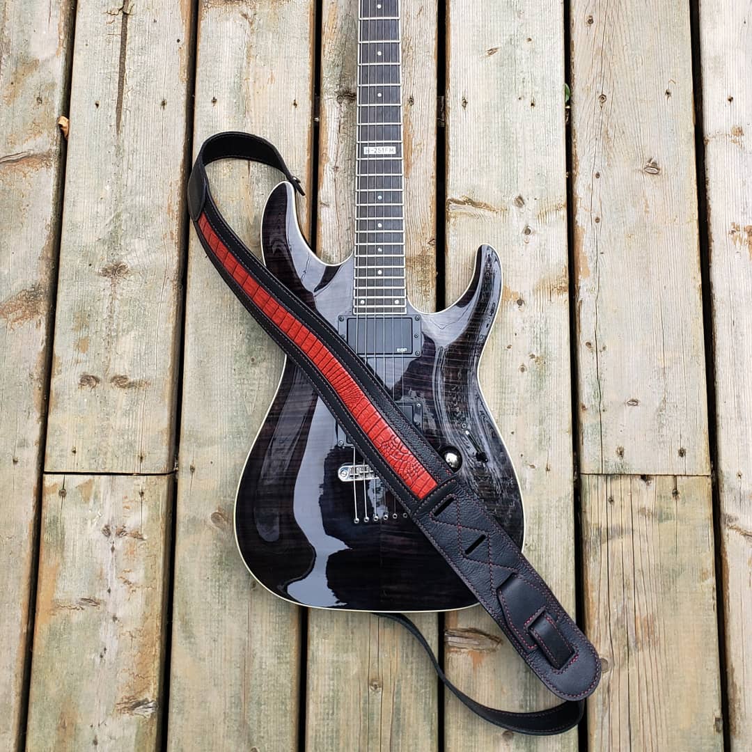 Guitar Strap | Black with Red Faux Alligator Inlay