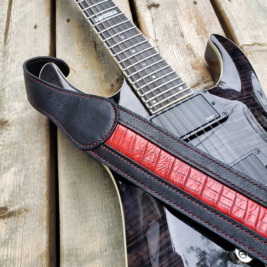 Guitar Strap | Black with Red Faux Alligator Inlay