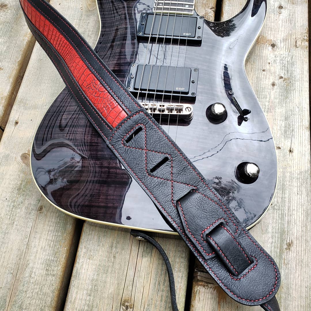 Guitar Strap | Black with Red Faux Alligator Inlay