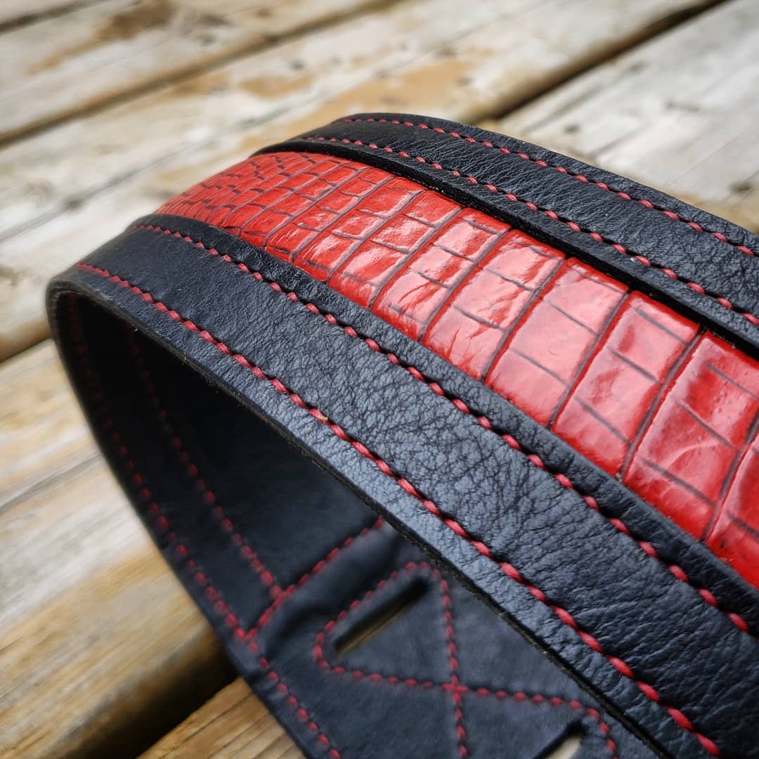 Guitar Strap | Black with Red Faux Alligator Inlay