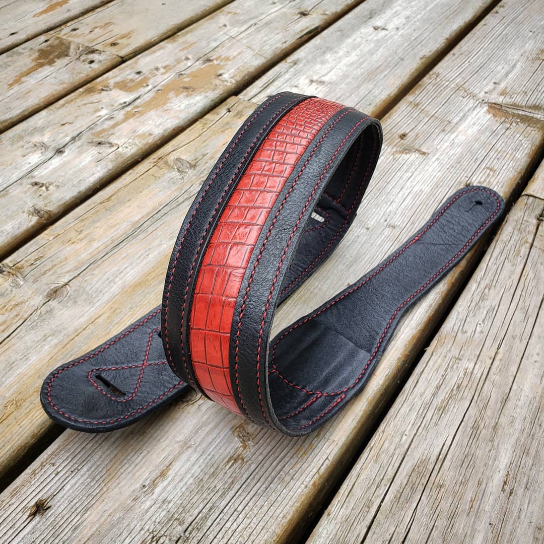 Guitar Strap | Black with Red Faux Alligator Inlay