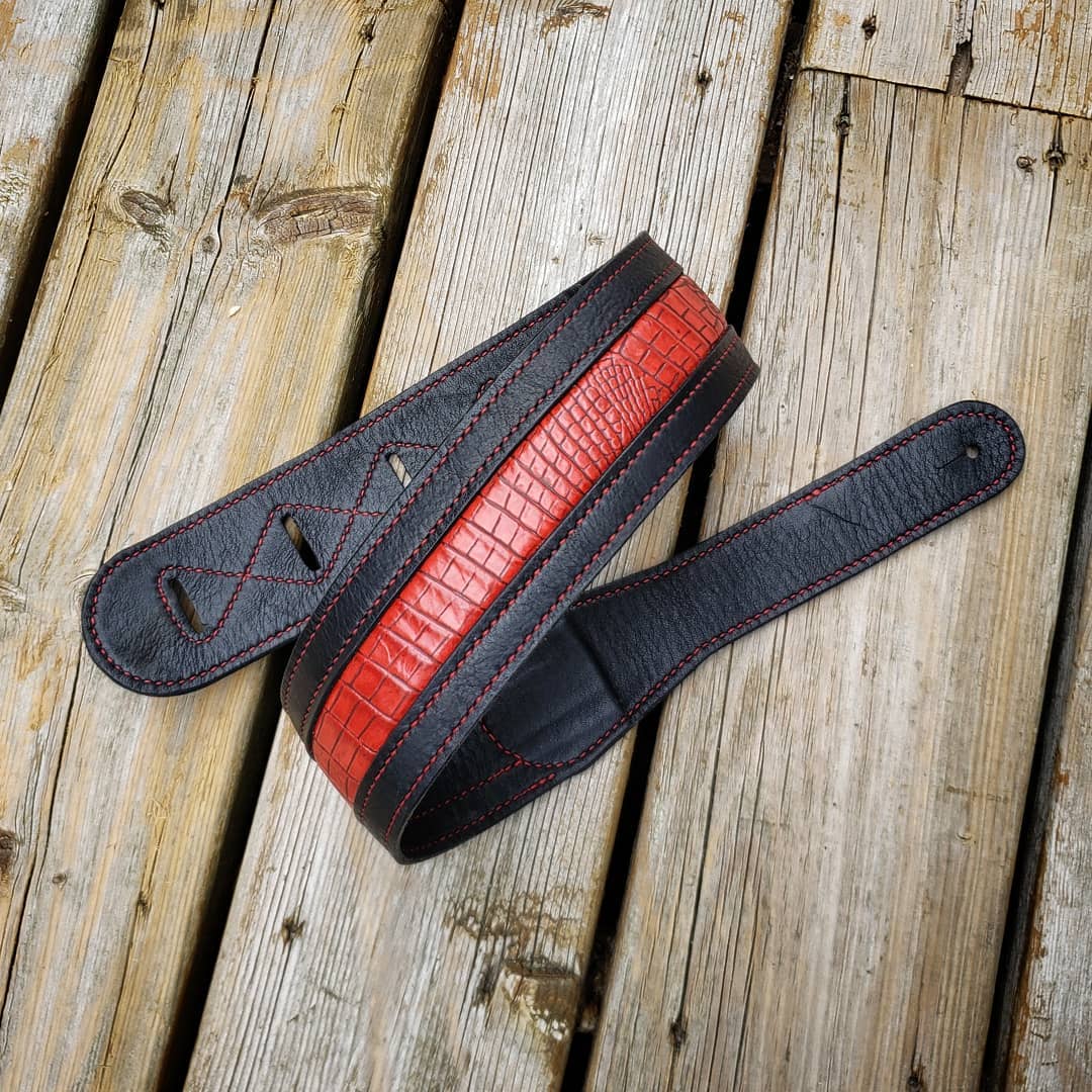 Guitar Strap | Black with Red Faux Alligator Inlay