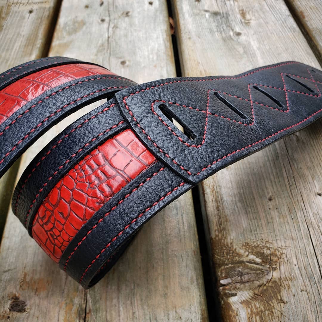 Guitar Strap | Black with Red Faux Alligator Inlay