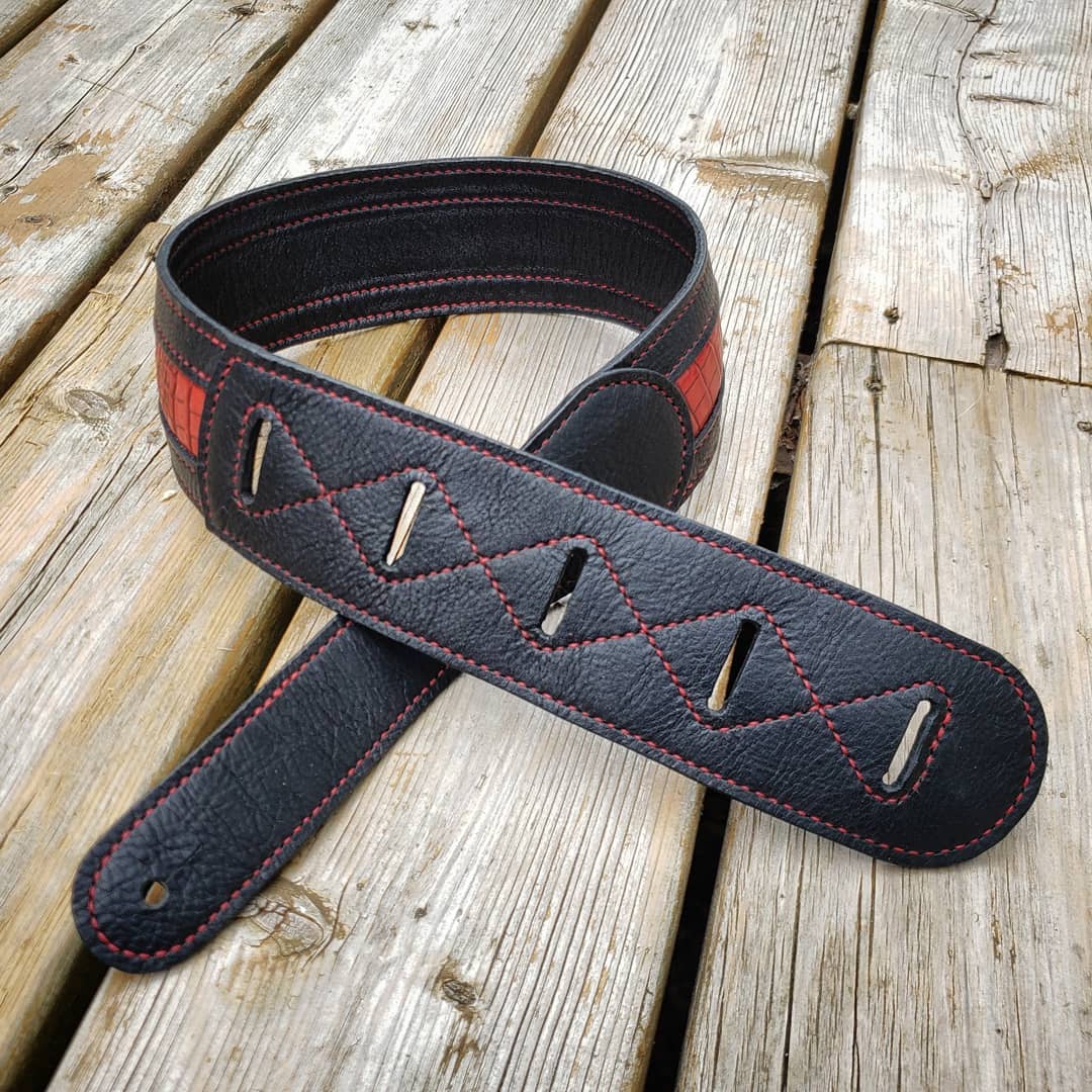 Guitar Strap | Black with Red Faux Alligator Inlay