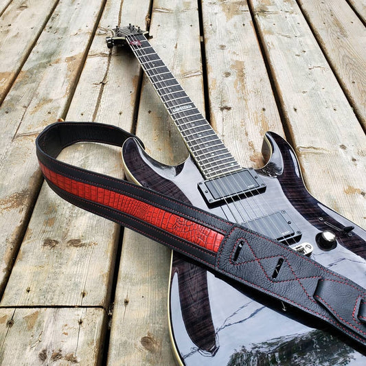 Guitar Strap | Black with Red Faux Alligator Inlay