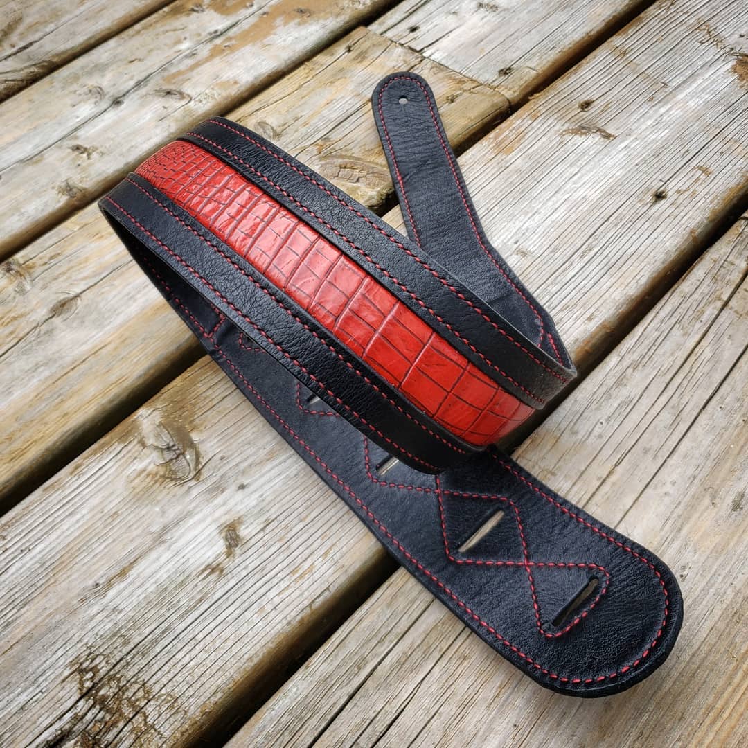 Guitar Strap | Black with Red Faux Alligator Inlay