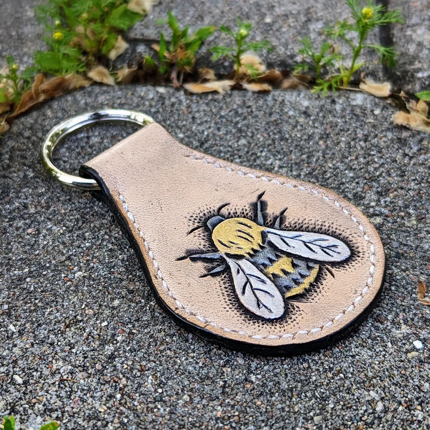 Key Fob | Tooled Bee & Honeycomb #1