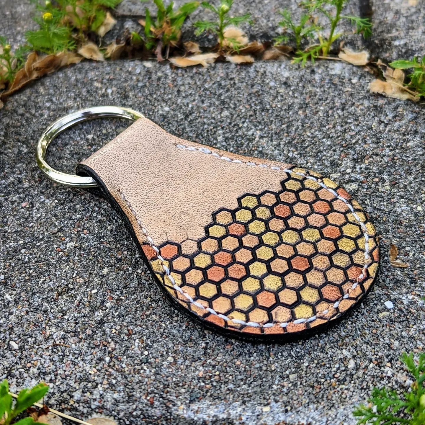 Key Fob | Tooled Bee & Honeycomb #1