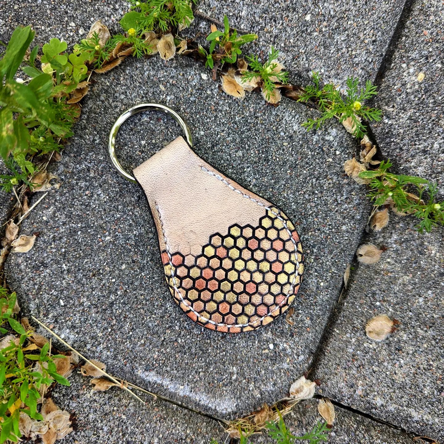 Key Fob | Tooled Bee & Honeycomb #1