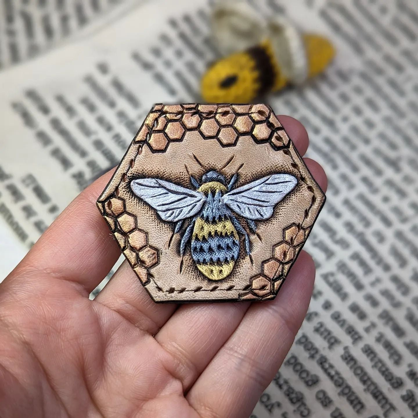 Leather Hexagon Patch | Bumblebee & Honeycomb