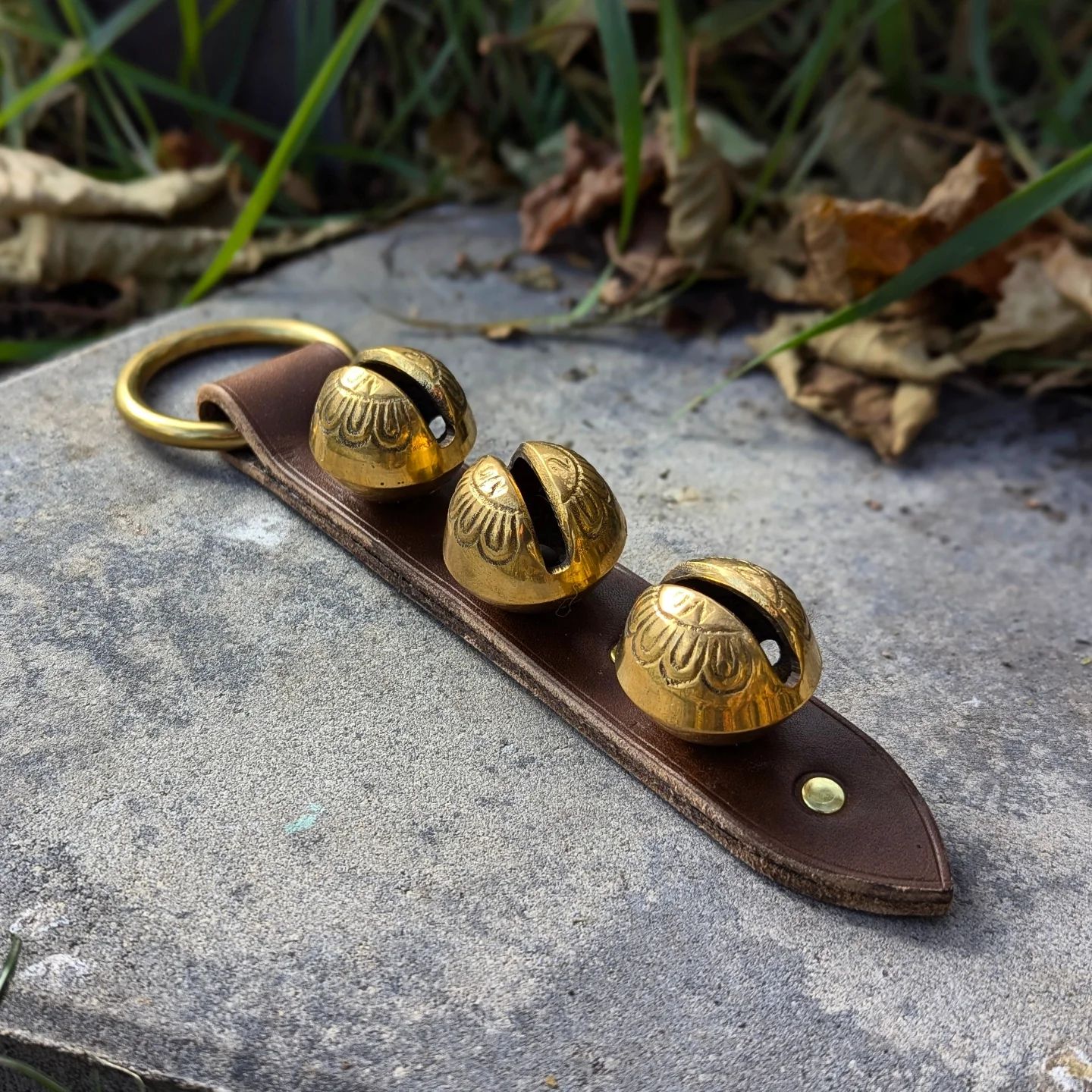 Sleigh Bell Hanger | Brass Sleigh Bells + Tawny Brown Latigo