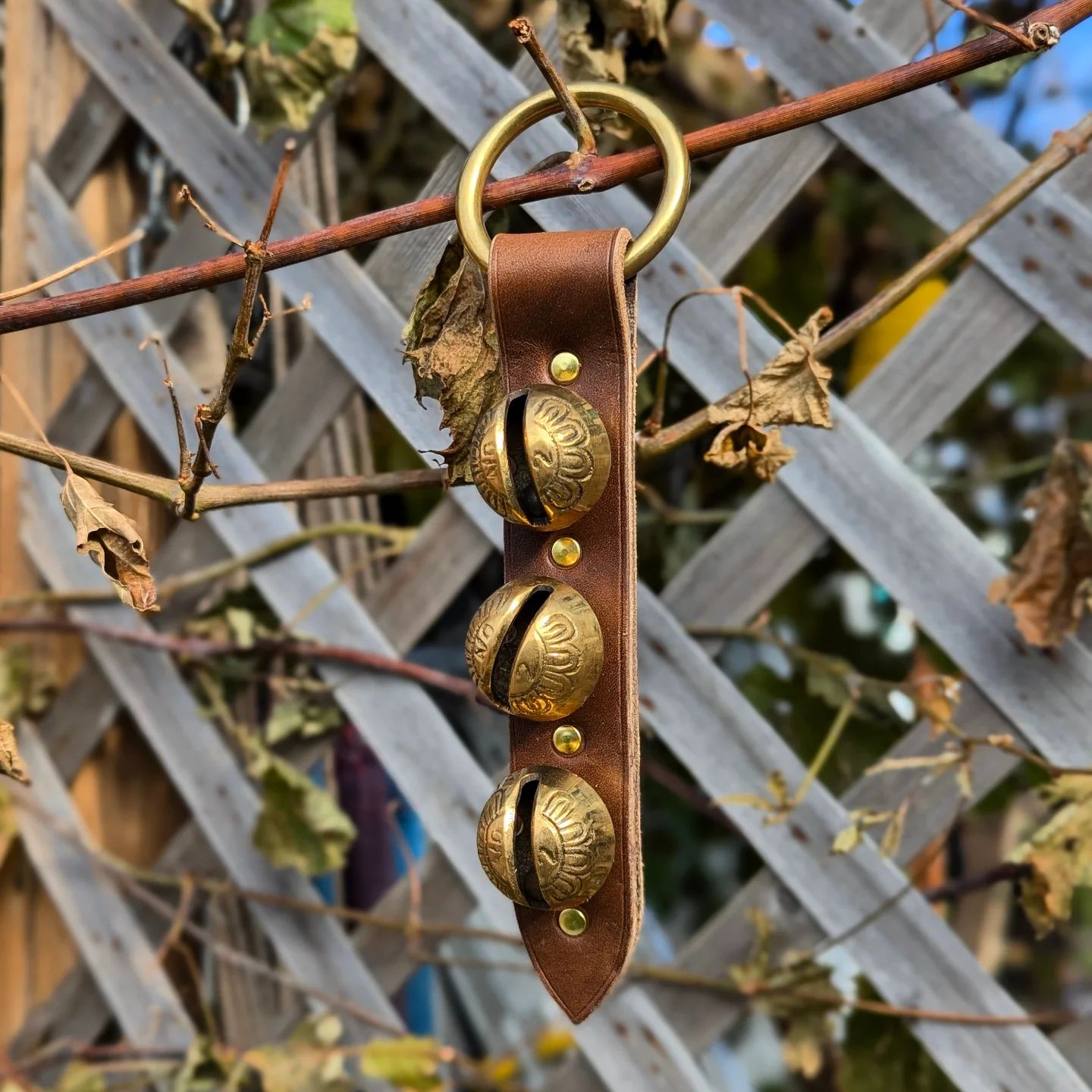 Sleigh Bell Hanger | Brass Sleigh Bells + Tawny Brown Latigo