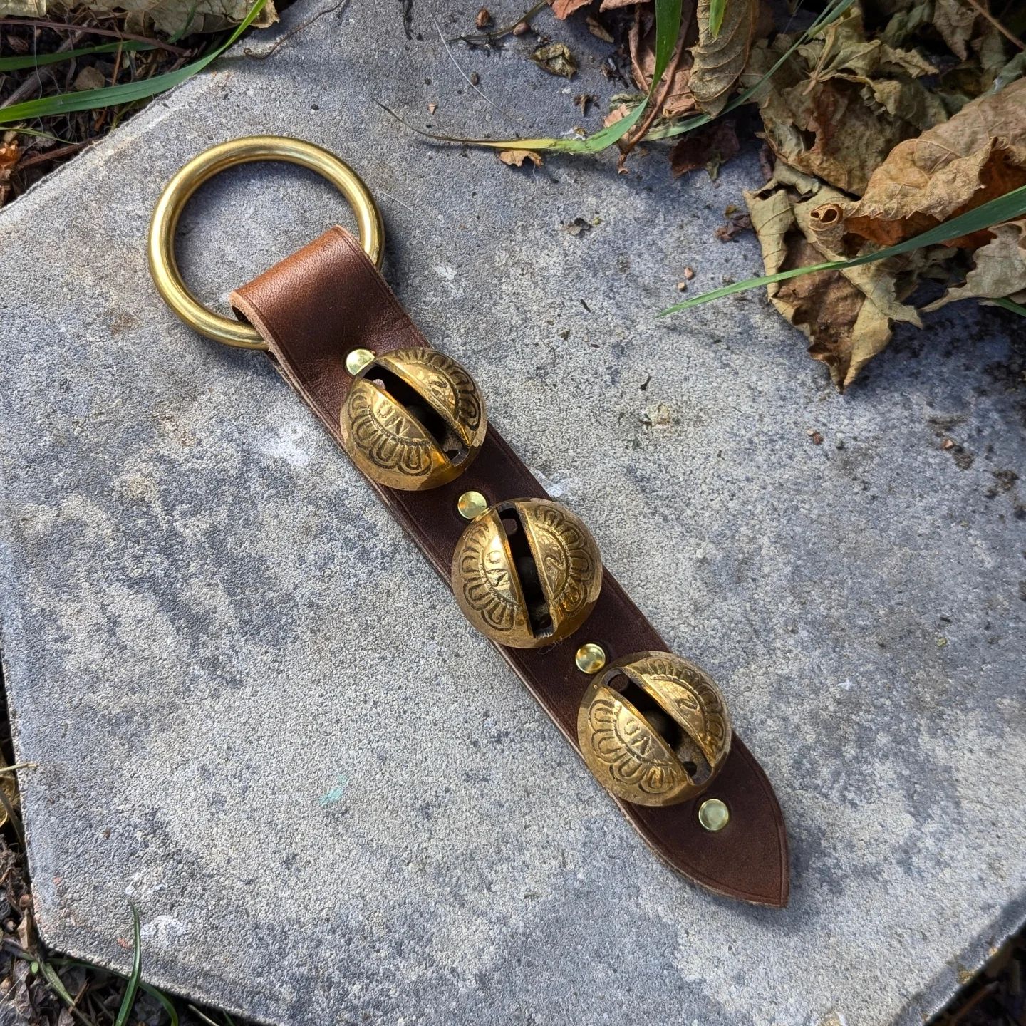 Sleigh Bell Hanger | Brass Sleigh Bells + Tawny Brown Latigo