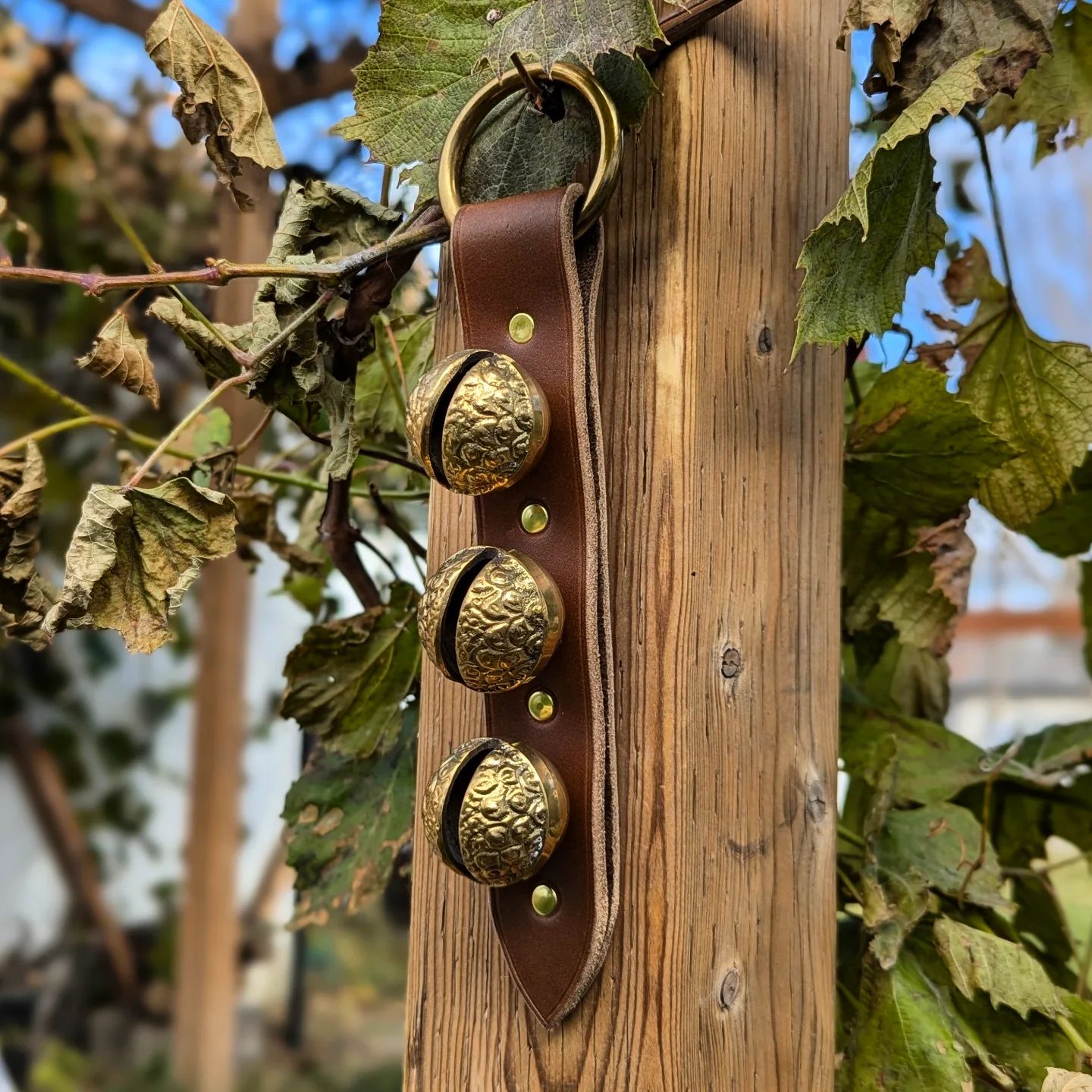 Sleigh Bell Hanger | Brass Raspbery Bells + Tawny Brown Latigo