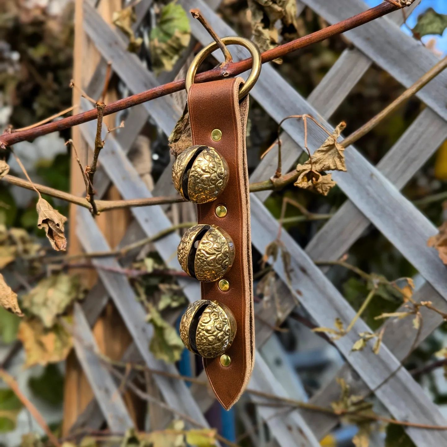 Sleigh Bell Hanger | Brass Raspbery Bells + Tawny Brown Latigo