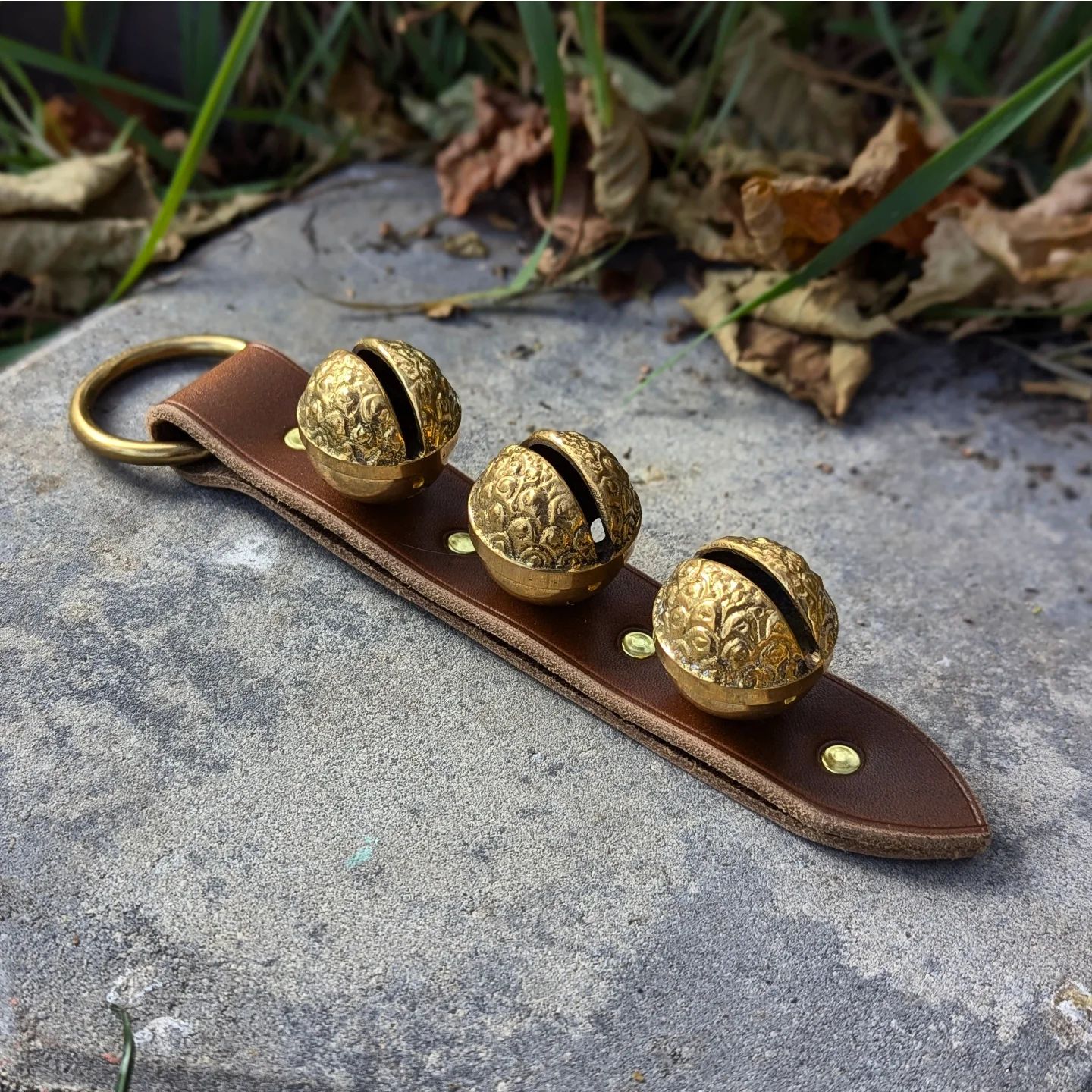 Sleigh Bell Hanger | Brass Raspbery Bells + Tawny Brown Latigo