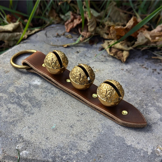 Sleigh Bell Hanger | Brass Raspbery Bells + Tawny Brown Latigo