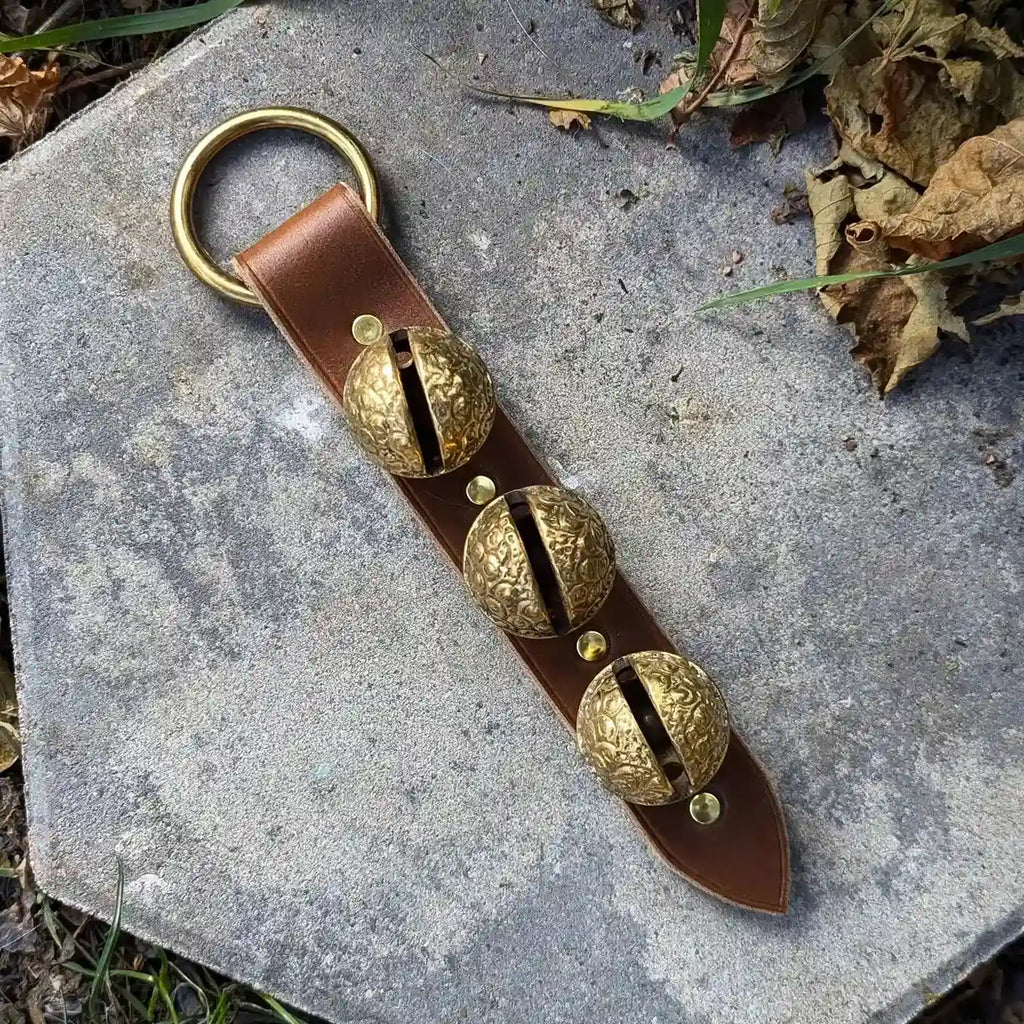 Sleigh Bell Hanger | Brass Raspbery Bells + Tawny Brown Latigo