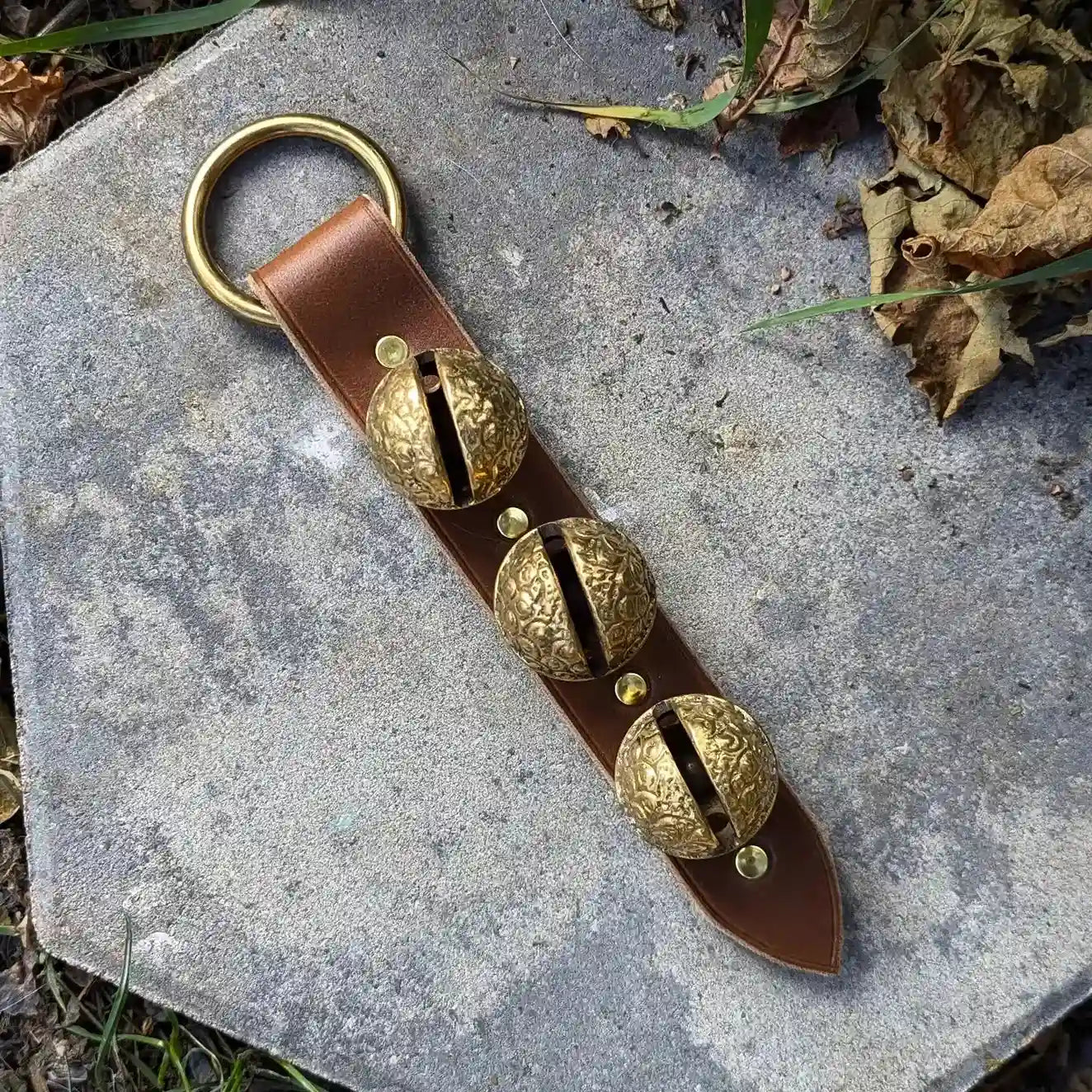 Sleigh Bell Hanger | Brass Raspbery Bells + Tawny Brown Latigo