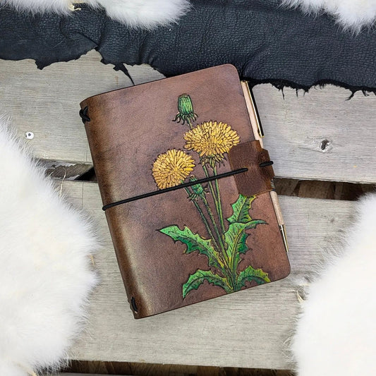 A6 Traveller's Refillable Notebook | Pyrography Dandelions #1 for R. K.