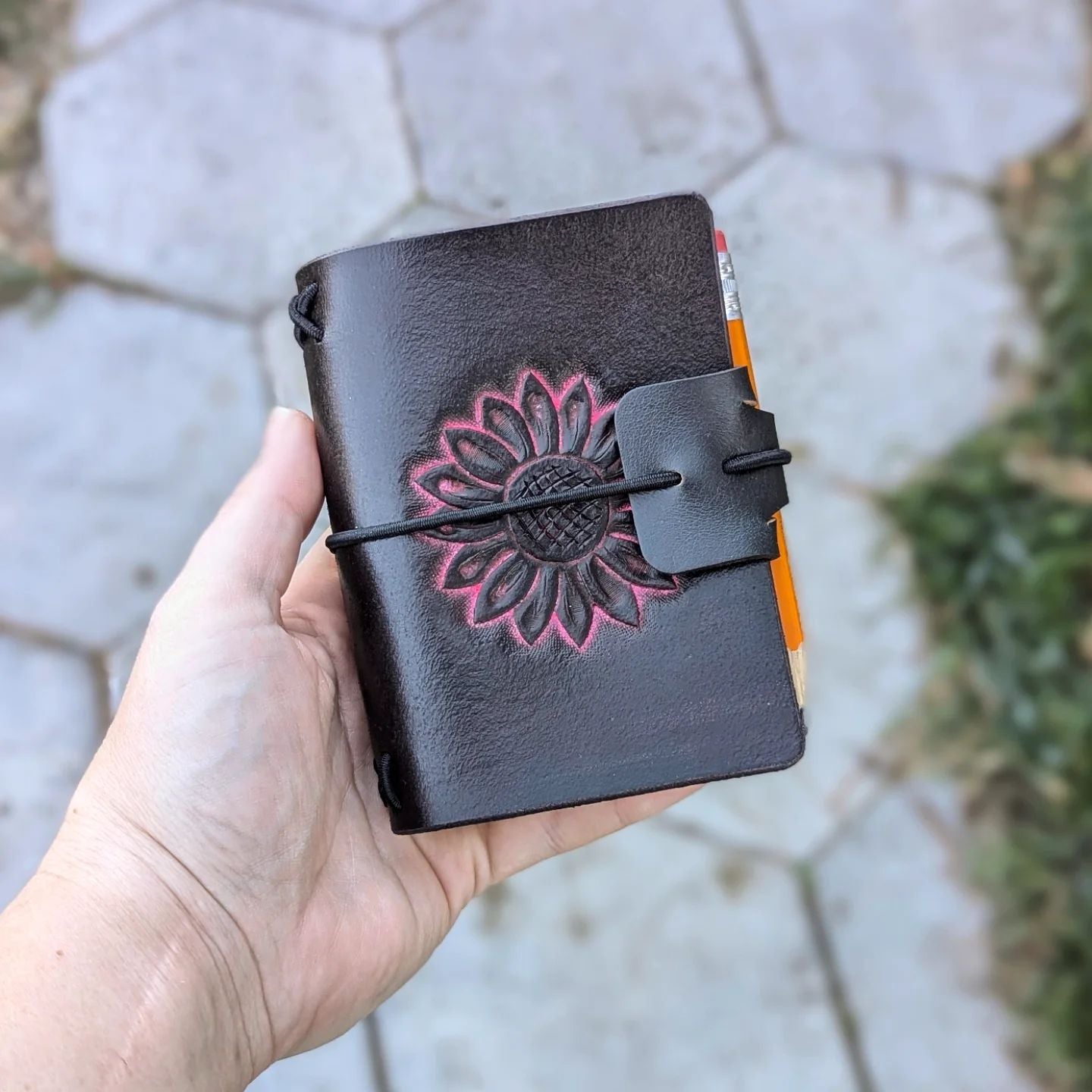A7 Traveller's Refillable Notebook | Tooled Neon Pink Sunflower